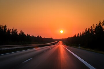 highway driving towards a vibrant sunset with trees lining the road