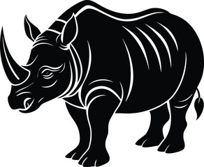 Black and white rhinoceros illustration with detailed lines and strong silhouette design on white background