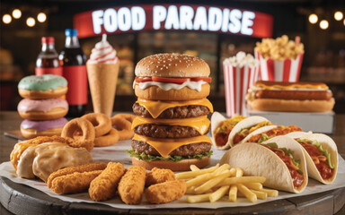 A clean outline vector set of fast food icons including burgers, tacos, pizza, fries, hot dogs, sandwiches, chicken wings, nuggets, popcorn, ice cream, milkshakes, sauces, and soft drinks. Perfect for