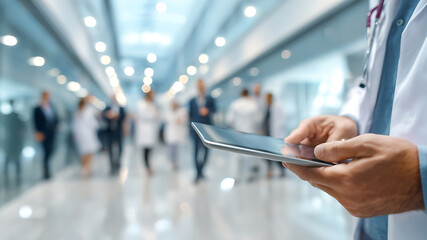 Male doctor with stethoscope checks patient records on a tablet in a modern medical facility.