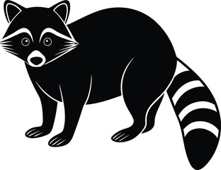 Black and white raccoon illustration standing with a striped tail and mask on white background