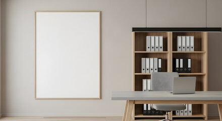 Fototapeta premium Modern Office Workspace Mockup Blank Poster Minimalist Design Clean Interior Workspace Corporate Branding