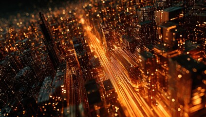 Aerial view of a futuristic city at night.  Bright lights blur in motion