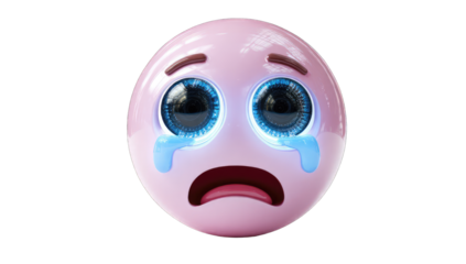 A round, pink emoji face with large, expressive blue eyes and visible tears