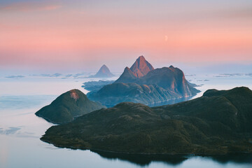 Aerial view islands in northern Norway sunset landscape Helgeland mountains and sea travel...