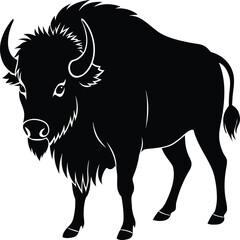 Black Silhouette of a Majestic American Bison Standing Proudly in Profile View on white background