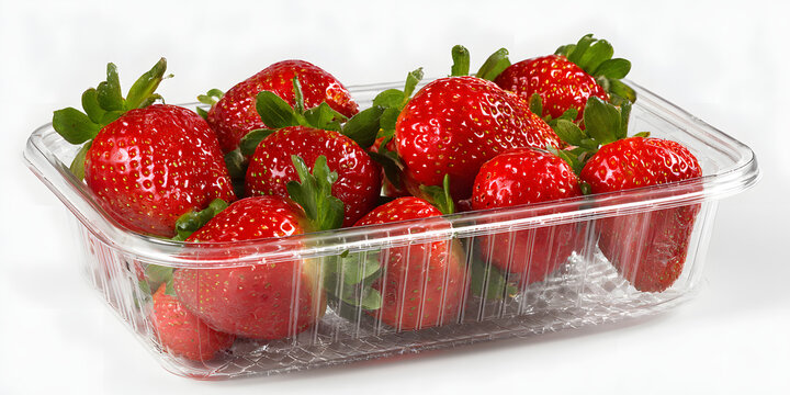 Strawberry in a plastic container is showcased against a white background. This image features strawberries in a clear punnet, providing a closeup front view of fresh strawberries.