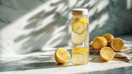 Obraz premium Refreshing detox water with lemon slices in clear bottle on marble countertop with sunlight and whole lemons