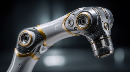 Precision engineering of a robotic cochlear implant arm highlighted in medium shot main implant tool sharply focused subtle depth darkened background.