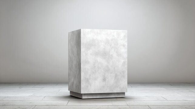 Concrete cube display stands alone in minimalist studio setting, product placement, eye level shot, neutral background, stone floor