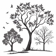 Obraz premium A black and white drawing of three trees with birds flying in the background