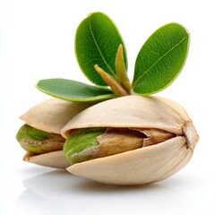 Close-up studio shot of two pistachios in shells with green leaves on a white background; healthy snack and ingredient