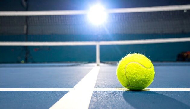 A bright yellow tennis ball rests on the court's blue surface, near the white lines, with a blurred indoor court backdrop, illuminated by spotlights.