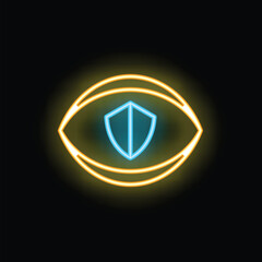 Fototapeta premium Glowing neon eye with a shield in the center representing online protection and security