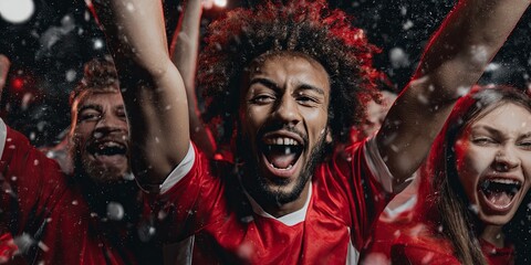 Excited Fans Celebrating Sports Victory in Stadium with Joyful Expressions and Red Jerseys during an Intense Moment of Happiness and Unity