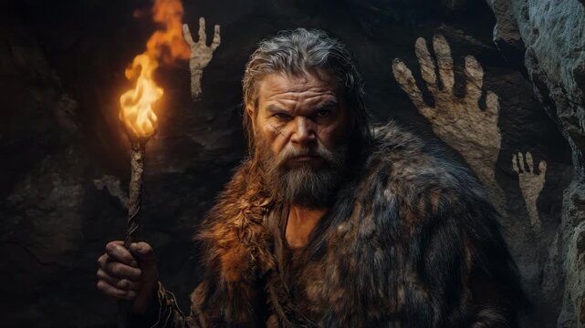A tough caveman. He stands in a cave lit by a torch. Ancient rock paintings are visible on the wall. The footage is perfect for historical projects, films, games and advertising.