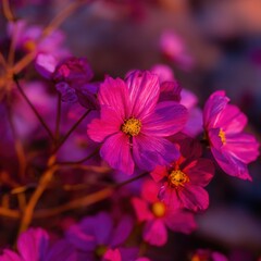 Obraz premium Vibrant pink cosmos flowers blooming in a garden setting close up view with artistic lighting and soft focus background