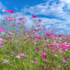 Field of pink cosmos flowers blooming under a blue sky in summer day landscape shot from a low angle perspective