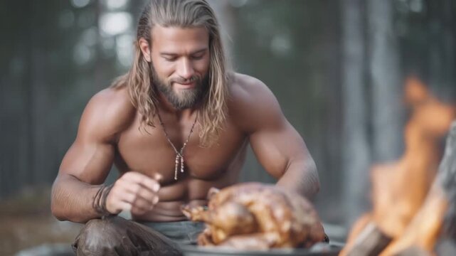 Adventure footage of a Viking-like man sitting in the forest, demonstrating his strength and independence, with meat cooked on a fire next to him, reflecting the principles of the paleo diet.