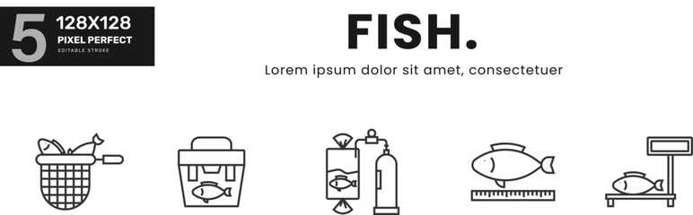 Fish Item line Icon Set collection . marine, ocean, water, animal . Linear pictograms Isolated Vector Illustration	
