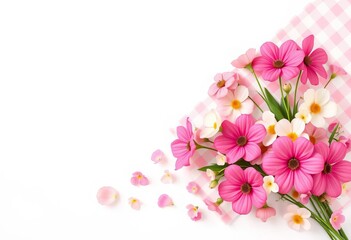 Fototapeta premium White background with diagonal pink gingham check and scattered pastel flowers, vintage, blossom