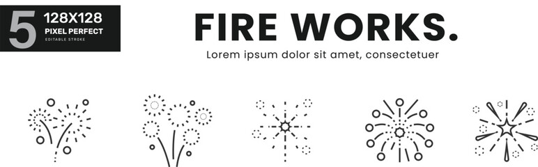 Fire works Item line Icon Set collection . celebration, festival, new year, star, stars, rocket, rockets, salute, display, explosion, burst. Linear pictograms Isolated Vector Illustration	

