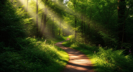 Fototapeta premium Sunlit Forest Path Through Lush Greenery.