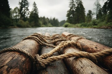 River rafting on a rustic wooden raft surrounded by dense trees under a cloudy sky in a serene natural setting