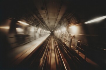 Fast movement through a subway tunnel with blurred lights creating a dynamic effect during rush hour