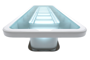A futuristic, glass-top conference table