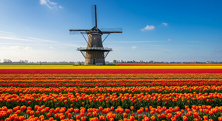 Idyllic countryside scene featuring a classic windmill standing proudly amidst vibrant tulip fields.