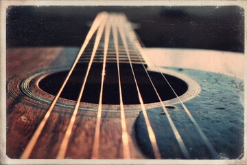 Close-up view of acoustic guitar strings and body showcasing the craftsmanship and texture in natural light setting