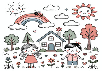 Fototapeta premium A vibrant cartoon vector illustration shows a funny reindeer and a happy snowman in a winter wonderland, celebrating Christmas with a festive holiday card design