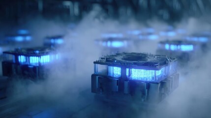 Quantum processors are working inside a quantum computer, emitting blue light and generating smoke, creating a futuristic technological scene