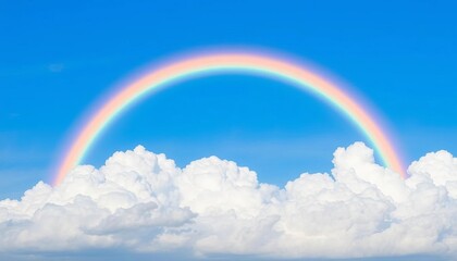 Vibrant rainbow arc over fluffy white clouds against a clear blue sky,  weather,   vector