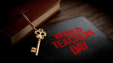Golden ornate key rests on black book with red text World Teachers Day next to red book golden key antique key