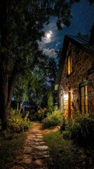 Obraz premium Moonlight path to a stone house