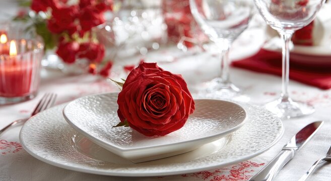 Romantic Valentine's Day dinner table setting with a single red rose
