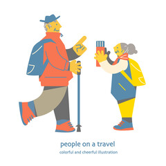 Senior couple enjoying a hiking trip Colorful and fun flat illustration