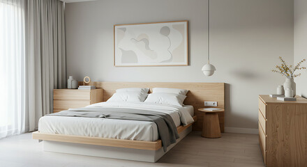 Serene bedroom featuring a wood platform bed, neutral tones, and minimalist decor creates tranquility.
