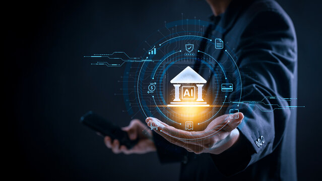 Fintech innovation marketing AI concept. smart banking system in businessman using artificial intelligence for secure, efficient and advanced digital finance technology in the global financial network