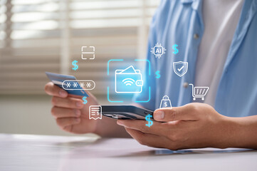 Secure online payment and smart financial transaction concept. man using smartphone and credit card for representing AI fintech solutions and mobile banking innovation in modern digital finance