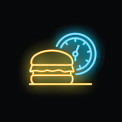 Neon sign depicting a hamburger with a clock, illustrating the concept of fast food delivery time
