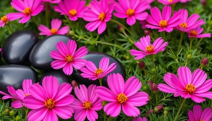Fototapeta premium Smooth black spa stones nestled amongst vibrant pink cosmos blossoms on a lush green background, relaxation, texture