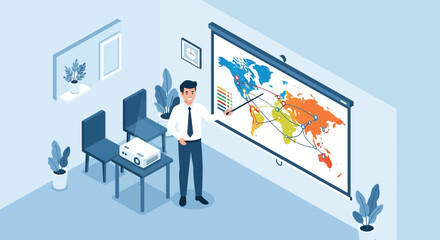 Global Business Strategy Presentation With World Map And Routes