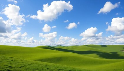 Fototapeta premium Rolling green hills under a vibrant blue sky dotted with fluffy white clouds, earth, white clouds