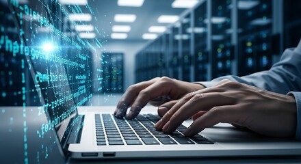 Developers Hands Typing on Laptop with Glowing Code Overlay in a Modern Data Center.