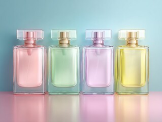 Four colorful perfume bottles in a row on a pastel background studio shot product photography of fragrance containers