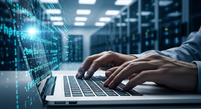 Developers Hands Typing on Laptop with Glowing Code Overlay in a Modern Data Center. - Powered by Adobe