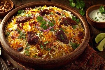 Zurbian, spiced rice and meat from the Gulf in wooden bowl on rustic table. Concept of warmth, inviting atmosphere, vibrant colors, Zurbian delights, culinary experience.